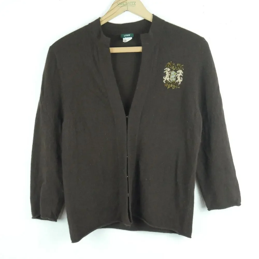 Y2K J Crew Large Cardigan Slim Fit Preppy Beaded Chocolate Brown Angora Cashmere